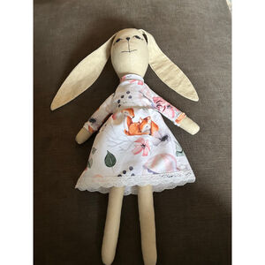 Handmade Linen Bunny Doll – Woodland Dress – Marked “Poland” – 18”